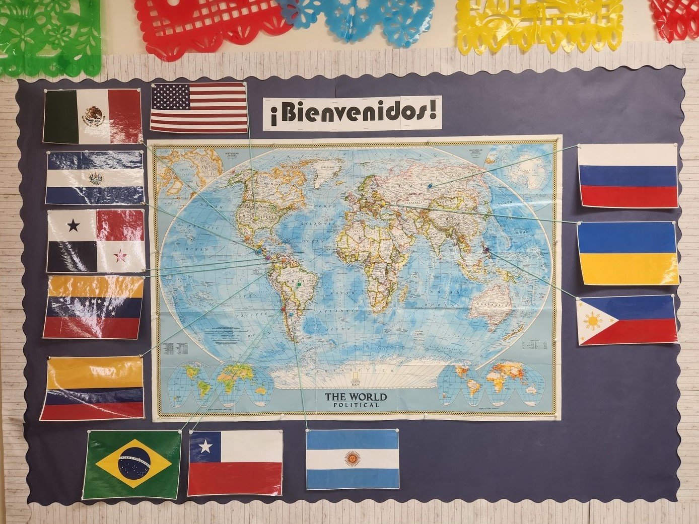 This map is used at Sacred Heart School in Sedalia during the year to help the students identify the flags and locations of all the countries represented by the student body.